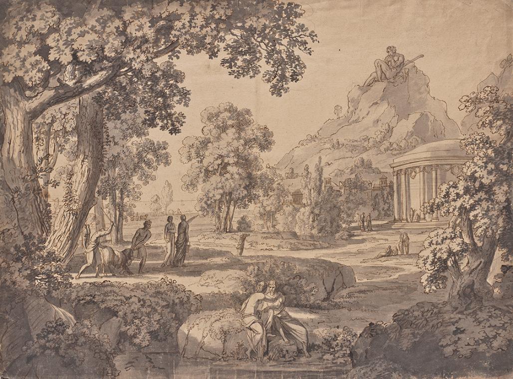 Johann Nepomuk Schödlberger, Klassische Landschaft mit einem Tempel, auf einem Berg ein Riese, …