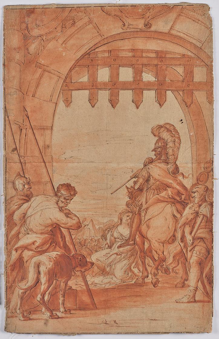 Mythologische Szene (?), 18. Jahrhundert, Feder, rot laviert, Papier auf Leinen, 56,3 × 36 cm, …
