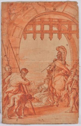 Mythologische Szene (?), 18. Jahrhundert, Feder, rot laviert, Papier auf Leinen, 56,3 × 36 cm, …