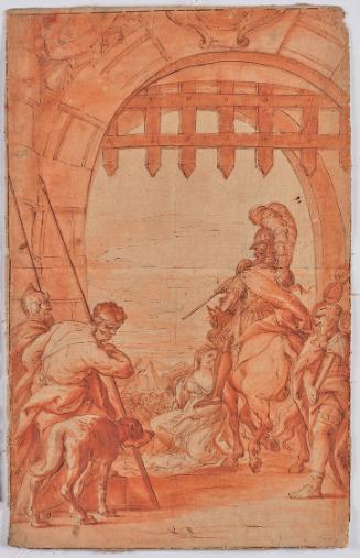 Mythologische Szene (?), 18. Jahrhundert, Feder, rot laviert, Papier auf Leinen, 56,3 × 36 cm,  ...