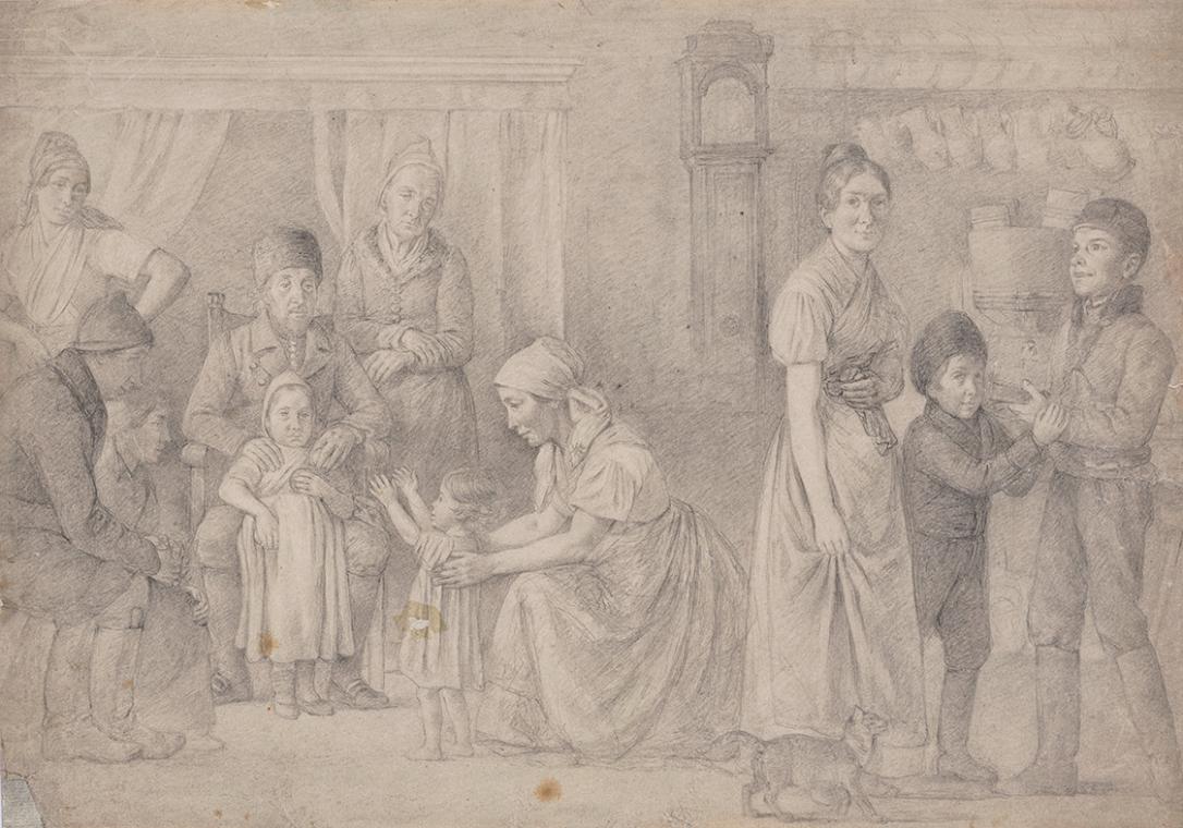 Michael Neder, Besuch der Großeltern, 1850/1860, Bleistift auf Papier, 34,8 × 49,5 cm, Belveder…