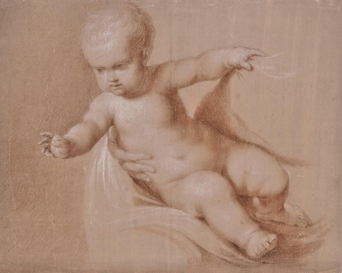 Christuskind im Arm der Muttergottes, 18. Jahrhundert, Bleistift, Rötel und weiße Kreide auf gr…