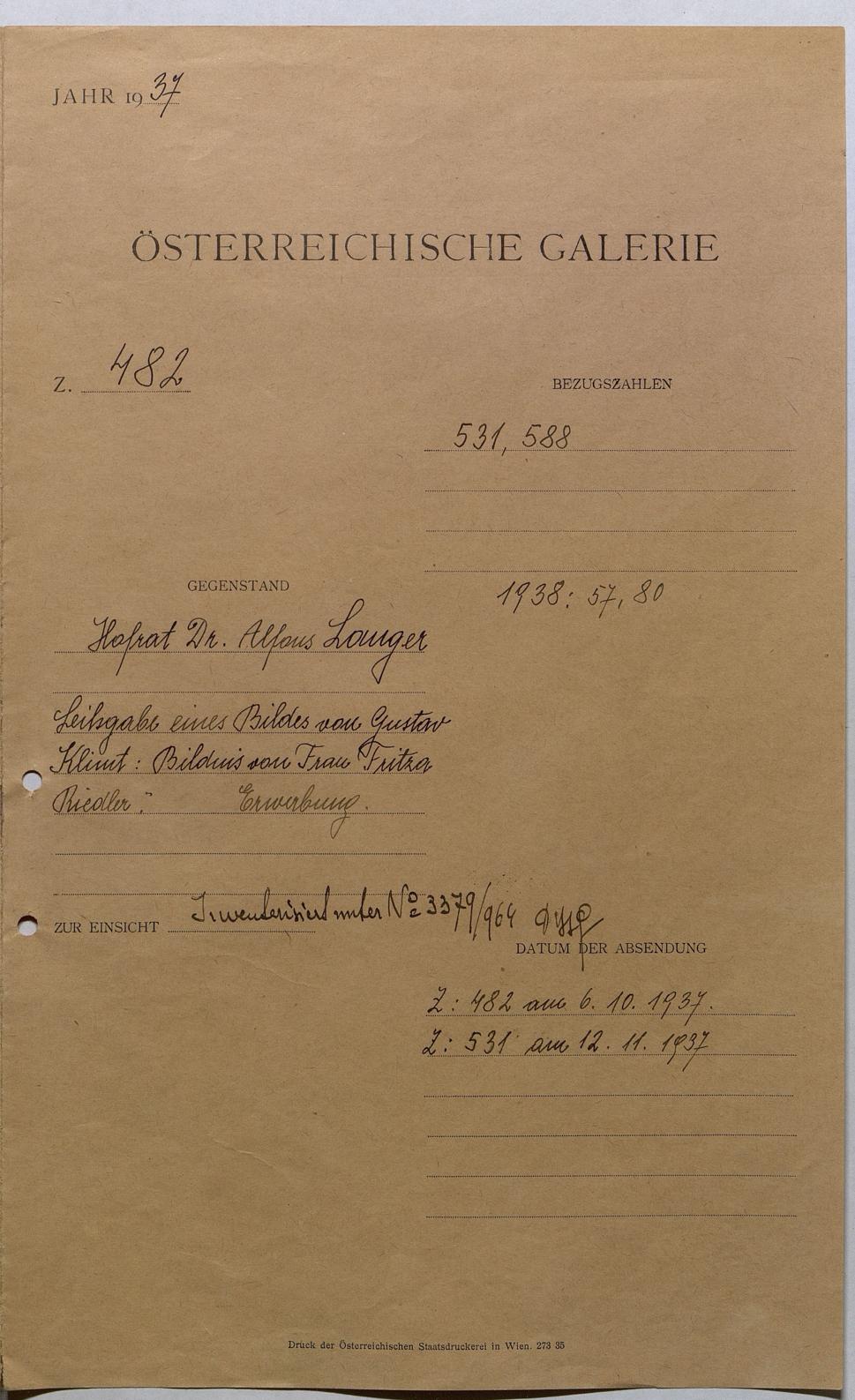 Hofrat Dr. Alfons Langer – Leihgabe eine Bildes von Gustav Klimt: Bildnis von Frau Fritza Riedler. Erwerbung.