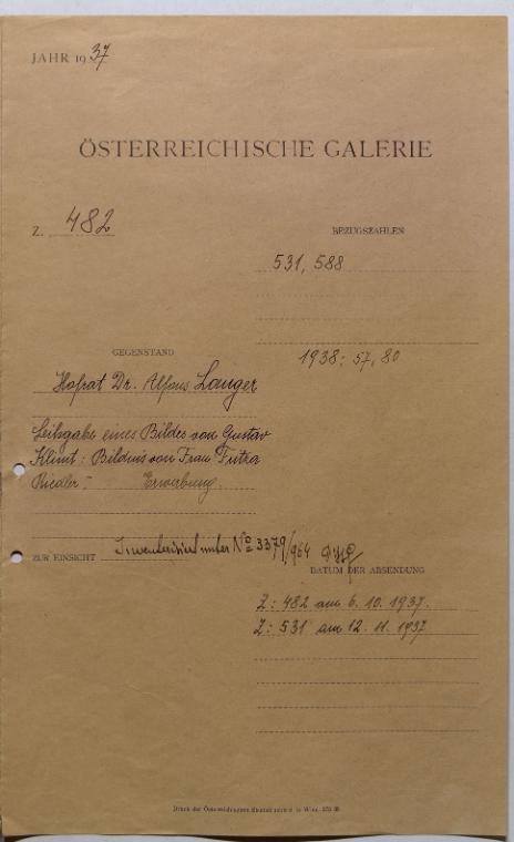 Hofrat Dr. Alfons Langer – Leihgabe eine Bildes von Gustav Klimt: Bildnis von Frau Fritza Riedler. Erwerbung.