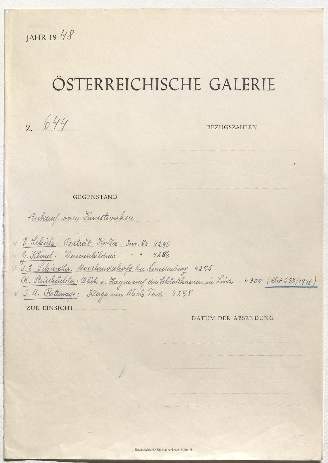 Ankauf von Kunstwerken 
E. Schiele: Porträt Koller Inv. Nr. 4296
G. Klimt: Damenbildnis Inv. Nr. 4286
J. E. Schindler: Moorlandschaft in Lundenburg Inv. Nr. 4295
R. Steinbüchler: Blick vom Hagen auf die Schloßkaserne in Linz Inv. Nr. 4300
J. M. Rottmayr: Klage um Abels Tod Inv. Nr. 4298