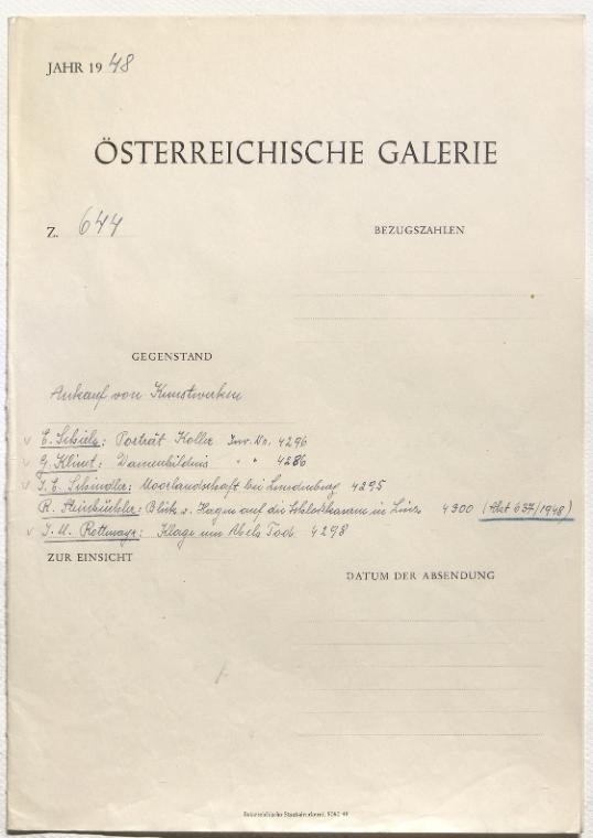 Ankauf von Kunstwerken 
E. Schiele: Porträt Koller Inv. Nr. 4296
G. Klimt: Damenbildnis Inv. Nr. 4286
J. E. Schindler: Moorlandschaft in Lundenburg Inv. Nr. 4295
R. Steinbüchler: Blick vom Hagen auf die Schloßkaserne in Linz Inv. Nr. 4300
J. M. Rottmayr: Klage um Abels Tod Inv. Nr. 4298