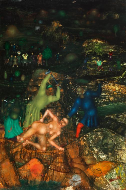 Arik Brauer, Diebe in der Nacht, 1955, Öl auf Hartfaserplatte, 50 x 33,7 cm, Belvedere, Wien, I…