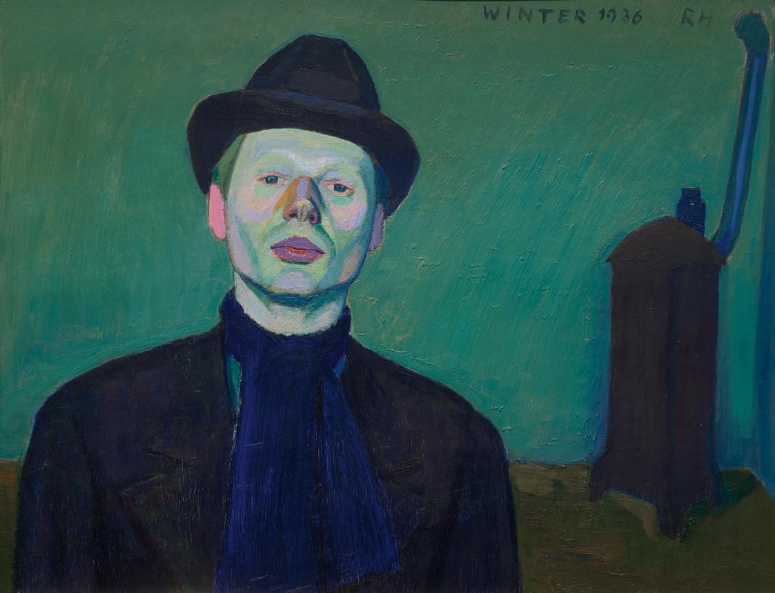 Rudolf Hausner, Selbstporträt mit blauem Hut, 1936, Öl auf Hartfaserplatte, 64,5 x 83,3 cm, Bel…