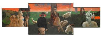 Stanislava Kovalcikova, Die gute Hirtin, 2022, Öl auf Leinwand, 94,5 × 296 cm, Belvedere, Wien,…