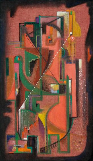 Karl Prantl, Auflehnung, vor 1954, Öl, Stoff auf Holzfaserplatte, 77 x 45 cm, Artothek des Bund…