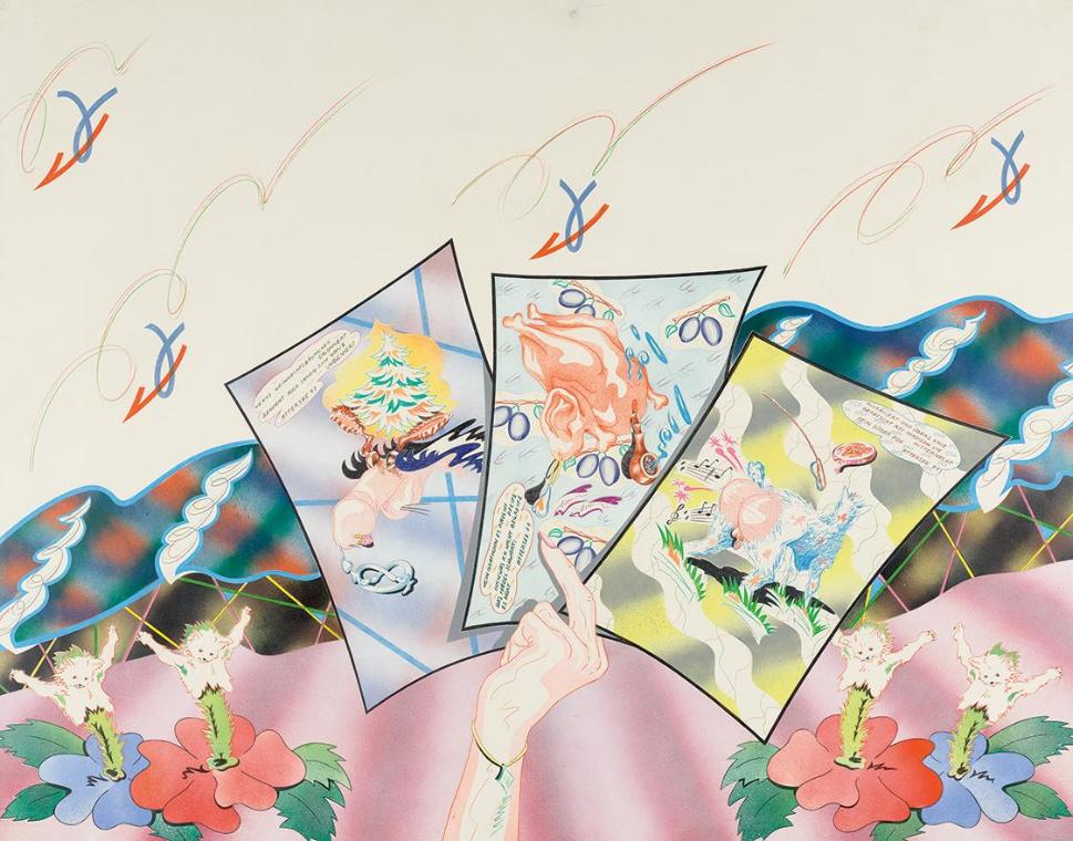 Christian Ludwig Attersee, Ansichtskarten, 1971, Mischtechnik auf Karton, 110,5 × 140 cm, Belve…