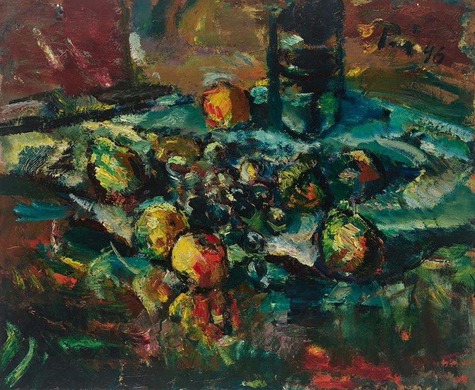 Hans Robert Pippal, Stillleben mit Früchten, 1946, Öl auf Platte, ungerahmt: 53,2 × 65,2 cm, Be…