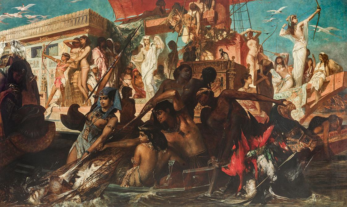 Hans Makart, Die Niljagd, 1876, Öl auf Leinwand, 275 × 456 cm, Belvedere, Wien, Inv.-Nr. 5837