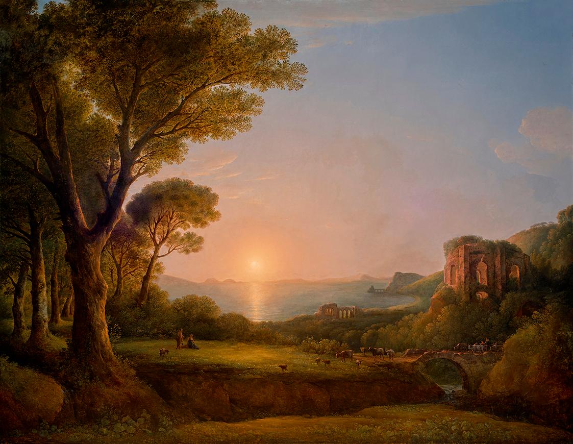 Lorenz Adolf Schönberger, Der Meerbusen von Baiae bei Sonnenuntergang, 1804, Öl auf Leinwand, 2…