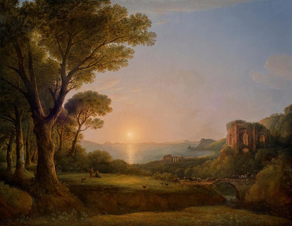 Lorenz Adolf Schönberger, Der Meerbusen von Baiae bei Sonnenuntergang, 1804, Öl auf Leinwand, 2 ...