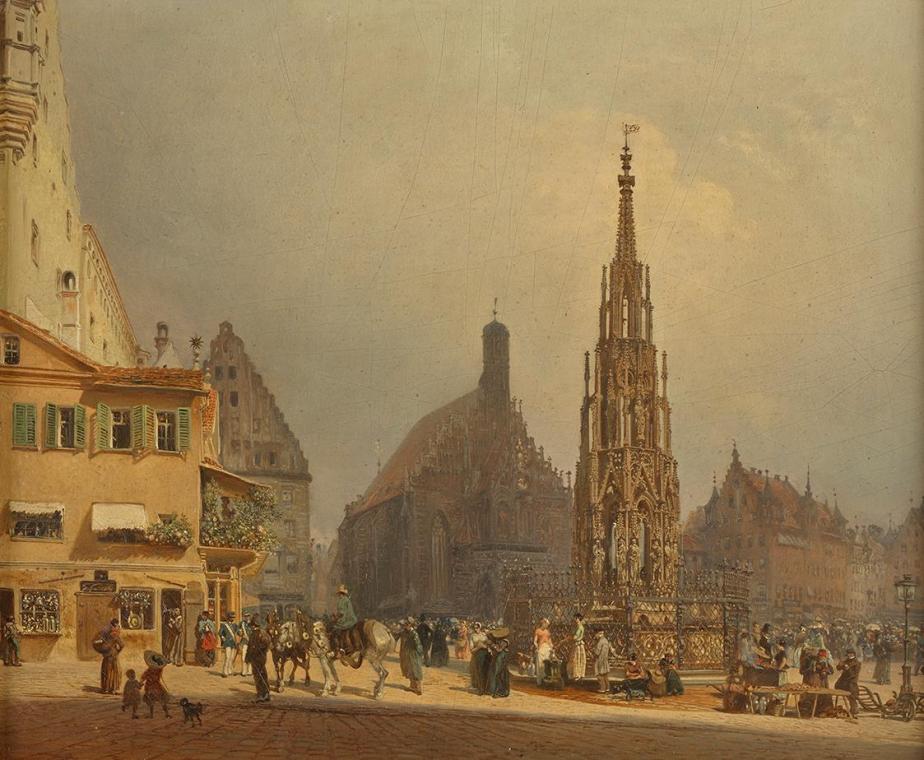 Rudolf von Alt, Der schöne Brunnen vor der Frauenkirche in Nürnberg, 1854, Öl auf Karton, 29 ×  ...