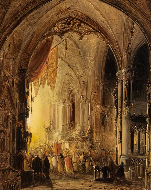 Georg Gillis van Haanen, Prozession in einer Kathedrale, undatiert, Öl auf Hartpappe, 45 x 36,5…