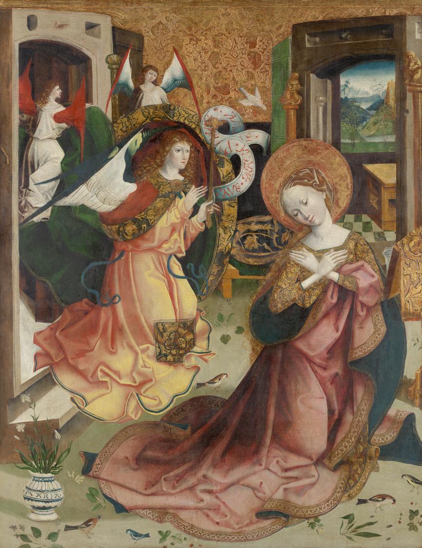 Oberösterreichischer Maler, Verkündigung an Maria, um 1500, Malerei auf Fichtenholz, 139 x 110 …
