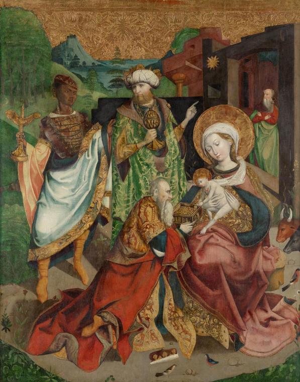Oberösterreichischer Maler, Anbetung der Hl. Drei Könige, um 1500, Malerei auf Fichtenholz, 139…