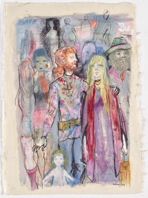Bettina Bauer-Ehrlich, Großstadtszene, 1971, Aquarell, Kreide auf Japanpapier, 53 × 38 cm, Belv…