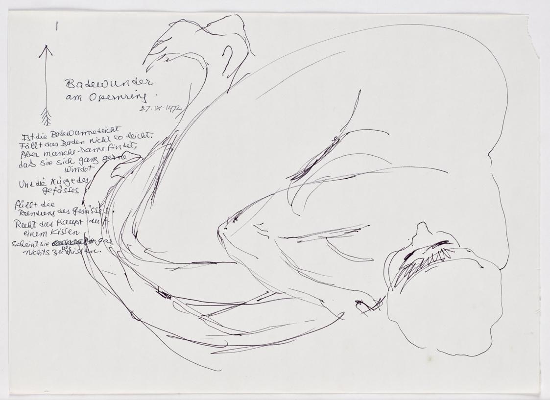 Bettina Bauer-Ehrlich, Badewunder am Opernring 1, 1972, Tusche auf Papier, Blattmaße: 29,7 × 41…