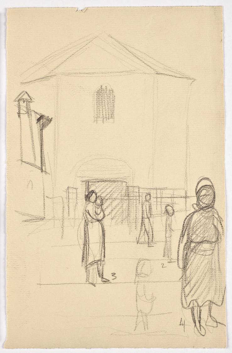 Bettina Bauer-Ehrlich, Straßenszene, Undatiert, Kohle auf Ingres Papier, Blattmaße: 24,3 × 15,6…