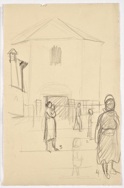 Bettina Bauer-Ehrlich, Straßenszene, Undatiert, Kohle auf Ingres Papier, Blattmaße: 24,3 × 15,6…