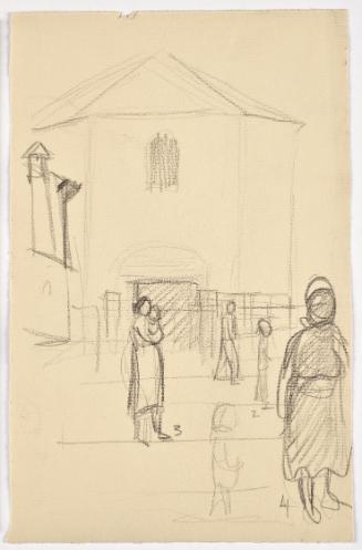 Bettina Bauer-Ehrlich, Straßenszene, Undatiert, Kohle auf Ingres Papier, Blattmaße: 24,3 × 15,6…