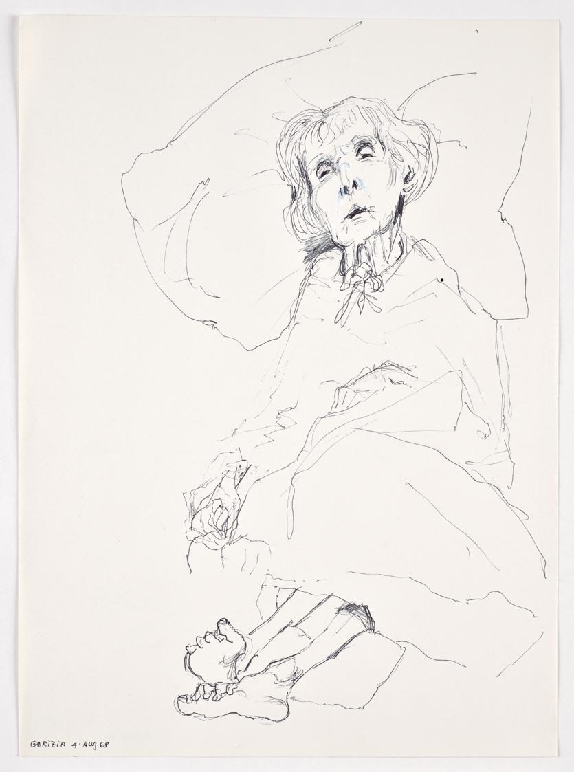 Bettina Bauer-Ehrlich, Die Mutter der Künstlerin am Sterbebett, 1968, Kugelschreiber und mit Tu…