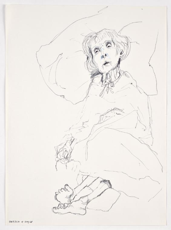 Bettina Bauer-Ehrlich, Die Mutter der Künstlerin am Sterbebett, 1968, Kugelschreiber und mit Tu…