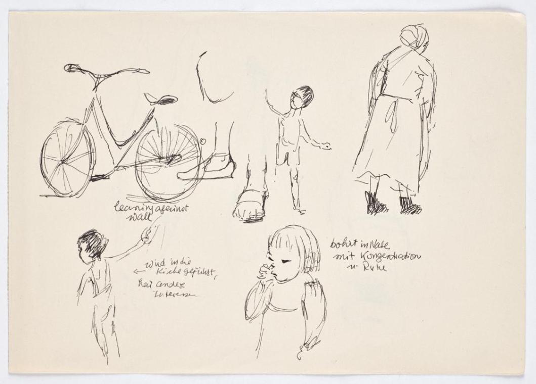 Bettina Bauer-Ehrlich, Skizzen (recto), Undatiert, Tusche auf Papier, Blattmaße: 17,8 × 25,3 cm…