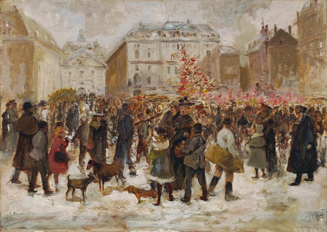 Ernst Juch, Weihnachtsmarkt am Hof in Wien, nach 1883, Öl auf Holz, 13,2 x 18,4 cm, Belvedere, …