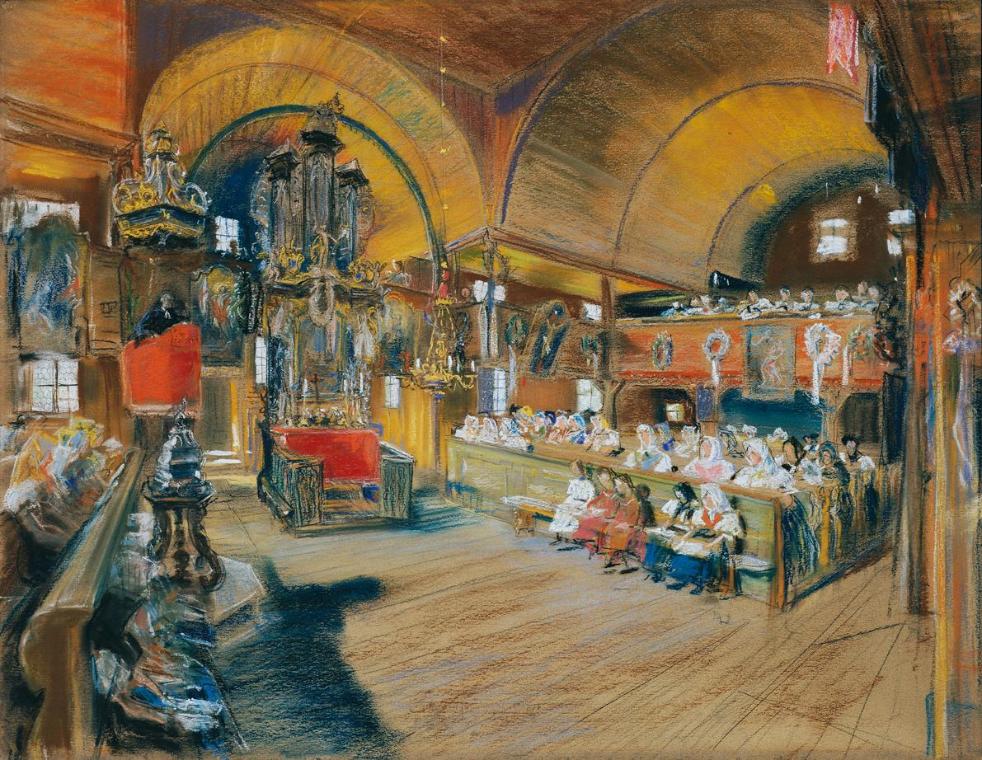 Ludwig Michalek, Inneres einer Dorfkirche, um 1900, Pastell auf braunem Karton, 48 x 62 cm, Bel…