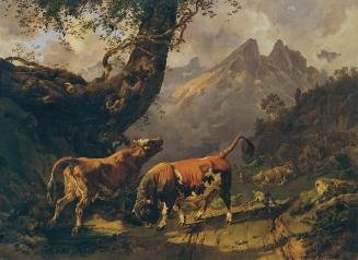 Johann Nepomuk Rauch, Stier, eine Kuh verfolgend, im Hintergrund Landschaft bei Carrara, 1832, …