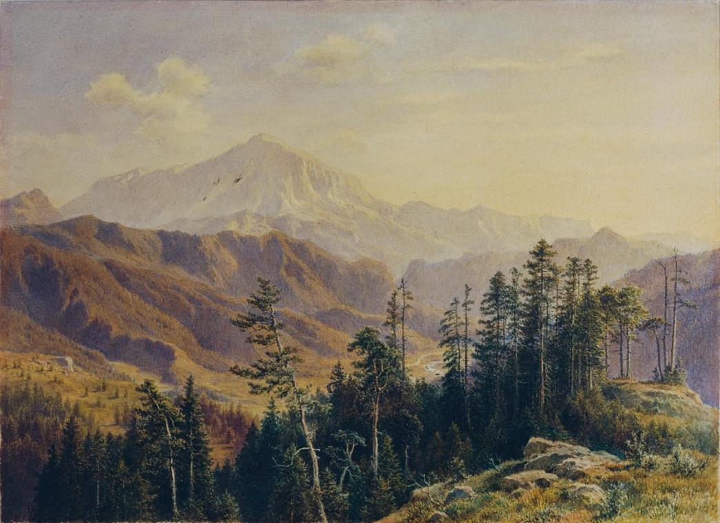 Ludwig Halauska, Der Schneeberg in Niederösterreich von Gutenstein aus gesehen, um 1880, Aquare ...