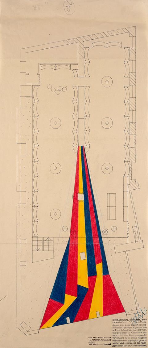 Roland Goeschl, Ohne Titel, 1980, Bleistift und Buntstift auf Papier, 70,4 × 30,1 cm, Belvedere…