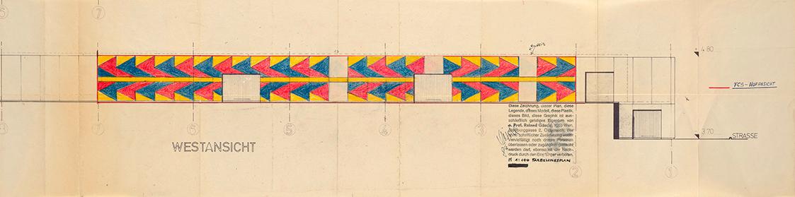 Roland Goeschl, Fliesencity Süd - Hofansicht, Färbelungsplan, 1984, Bleistift und Buntstift auf…