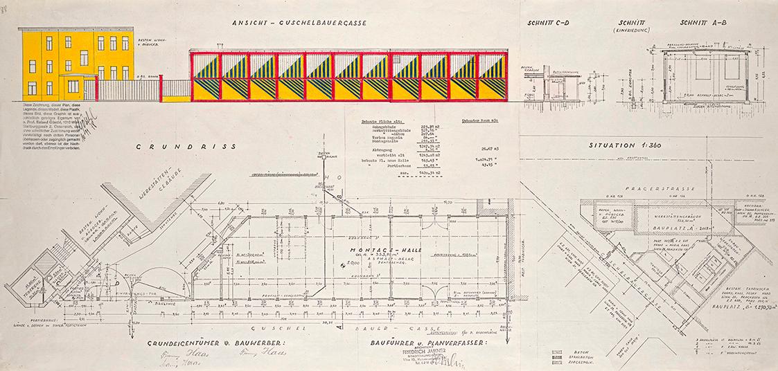 Roland Goeschl, Ansicht Guschelbauergasse, 1978, Bleistift und Buntstift auf Papier, 45,6 × 94,…