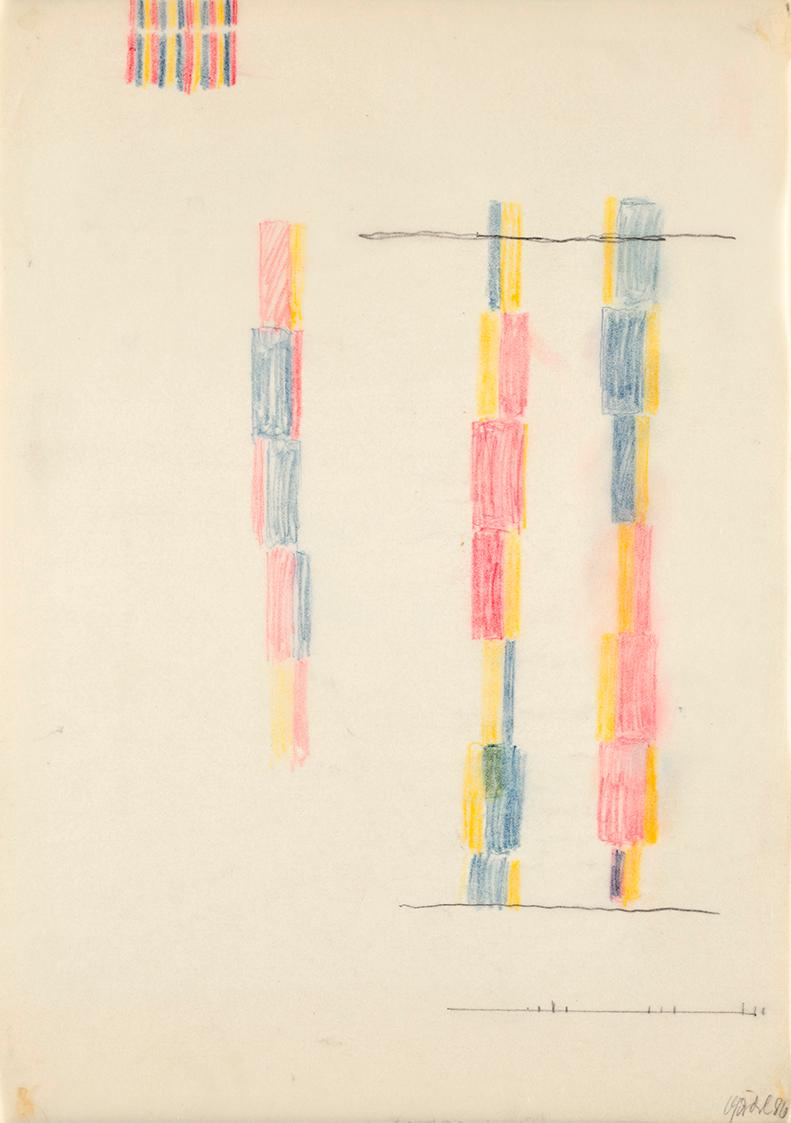 Roland Goeschl, Ohne Titel, 1986, Bleistift und Buntstift auf Seidenpapier, 42 × 29,6 cm, Belve…