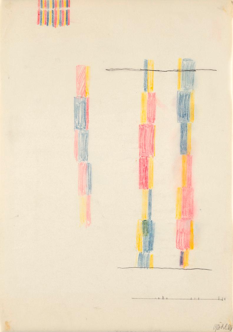 Roland Goeschl, Ohne Titel, 1986, Bleistift und Buntstift auf Seidenpapier, 42 × 29,6 cm, Belve ...