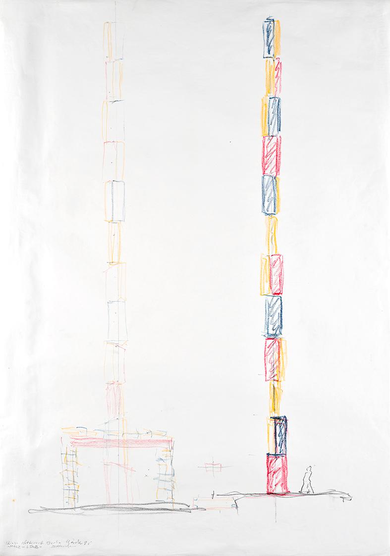 Roland Goeschl, Skizze Wettbewerb Berlin "MASZ-STADT", 1985, Bleistift und Buntstift auf Papier…