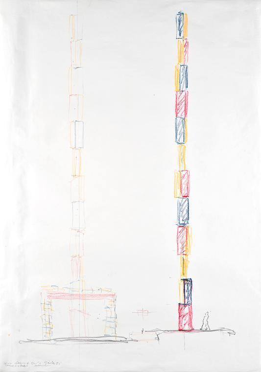 Roland Goeschl, Skizze Wettbewerb Berlin "MASZ-STADT", 1985, Bleistift und Buntstift auf Papier…