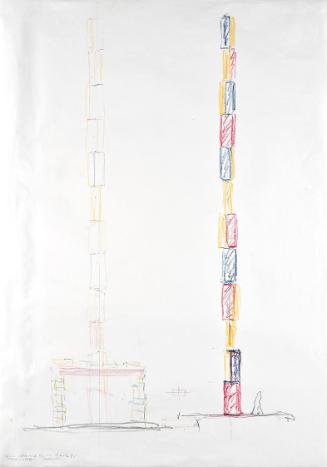 Roland Goeschl, Skizze Wettbewerb Berlin "MASZ-STADT", 1985, Bleistift und Buntstift auf Papier…