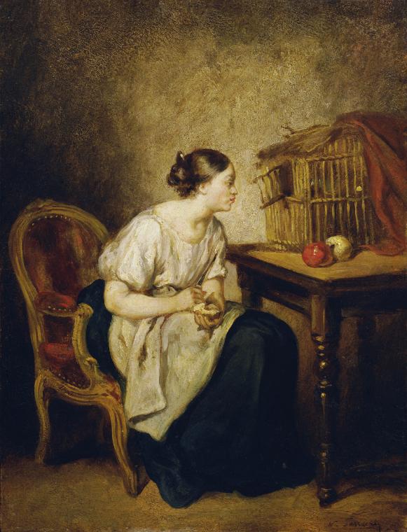 Octave Nicolas Francois Tassaert, Junge Frau mit Vogelkäfig, um 1850, Öl auf Holz, 23 x 18 cm, …