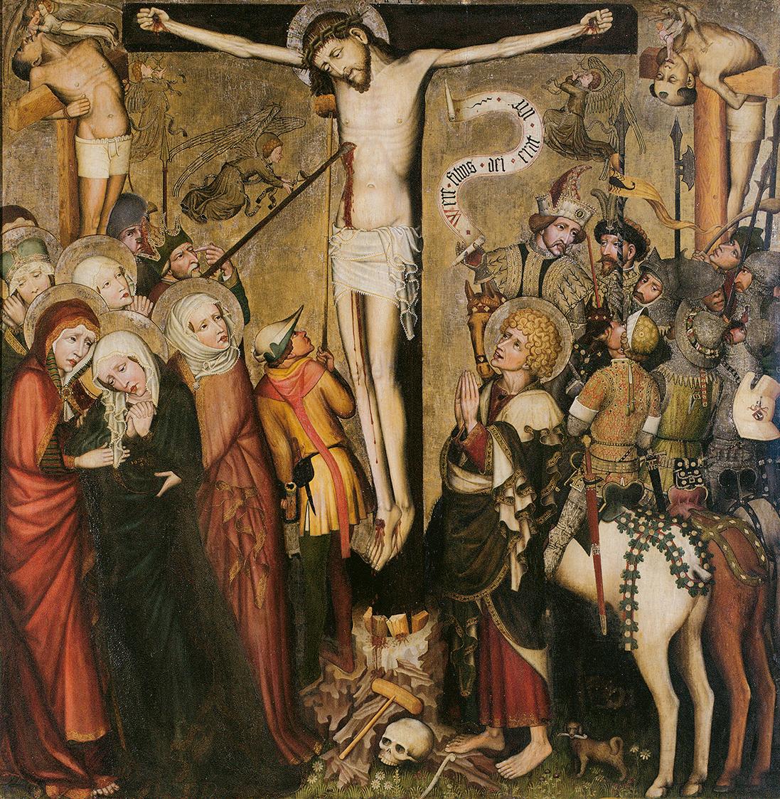 Tiroler Maler, Kreuzigung Christi ("Wiltener Kreuzigung"), um 1435, Malerei auf Fichtenholz, 13…