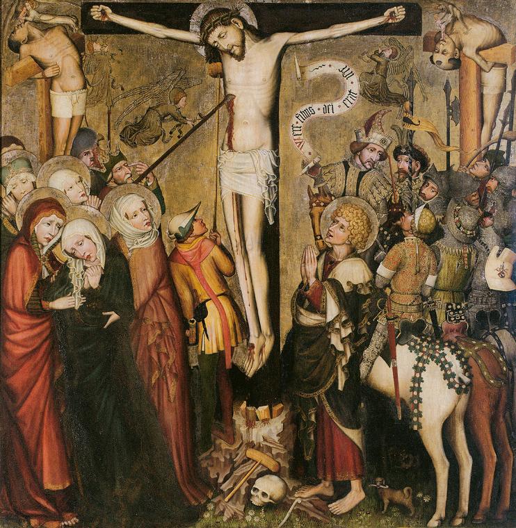 Tiroler Maler, Kreuzigung Christi ("Wiltener Kreuzigung"), um 1435, Malerei auf Fichtenholz, 13…