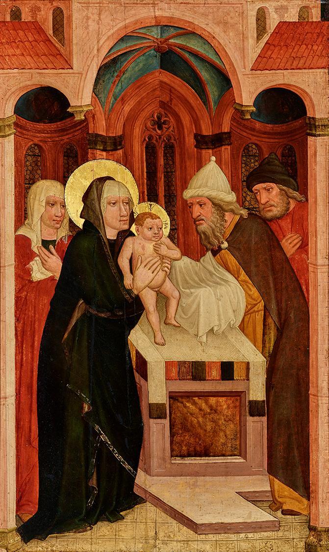 Österreichischer Maler, Darbringung Christi im Tempel, Wien um 1430/1440, Malerei auf Holz, 79 …