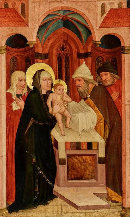 Österreichischer Maler, Darbringung Christi im Tempel, Wien um 1430/1440, Malerei auf Holz, 79 …