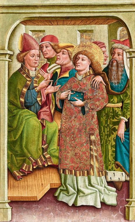 Tiroler Maler, Disputation des Heiligen Stephanus, Tirol um 1450/1460, Malerei auf Holz, 80,3 ×…