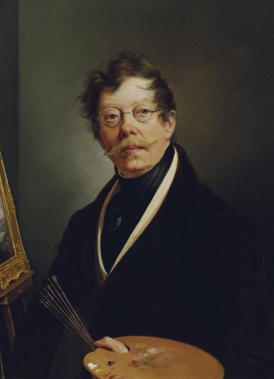 Friedrich Johann Gottlieb Lieder, Selbstbildnis an der Staffelei, um 1845, Öl auf Karton, 31,5 …